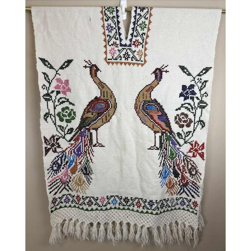 Vintage Handmade Mexican Vibrant Embroidered Cross Stitch Peacock Wool Poncho